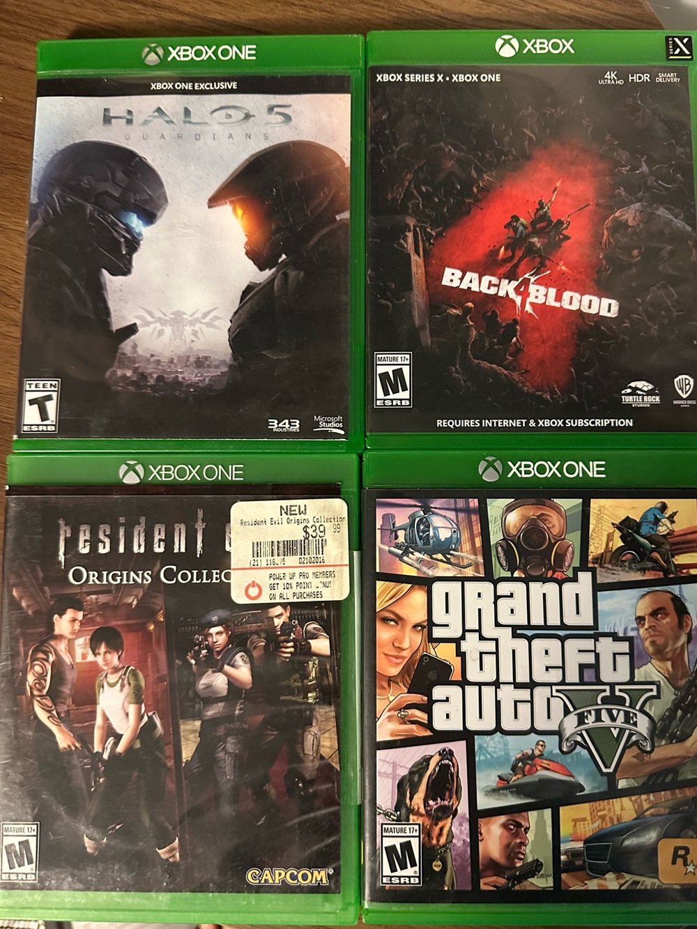 Game Bundle - Halo 5, Back 4 Blood, Resident Evil Origins, GTA V - Green Cases